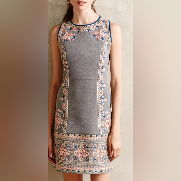 Maeve Anthropologie Gray Embroidered Shift Dress Size 2 - Picture 8 of 8